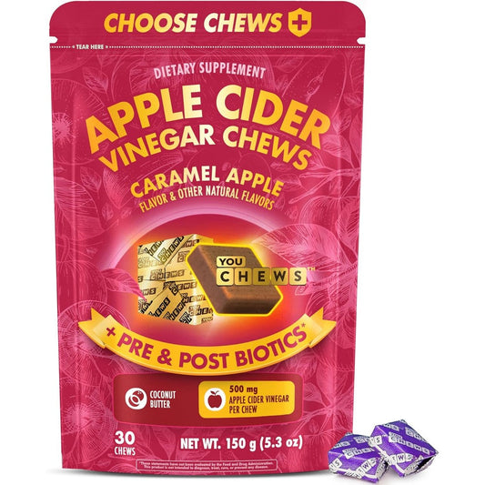 YouChews Apple Cider Vinegar Chews front view pouch for bloating relief
