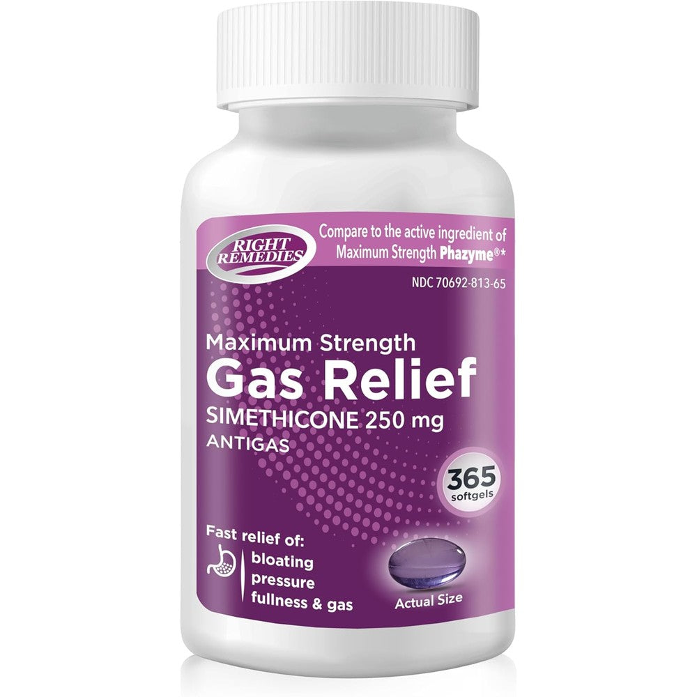 Right Remedies Gas Relief Maximum Strength 365 softgels front view showing packaging