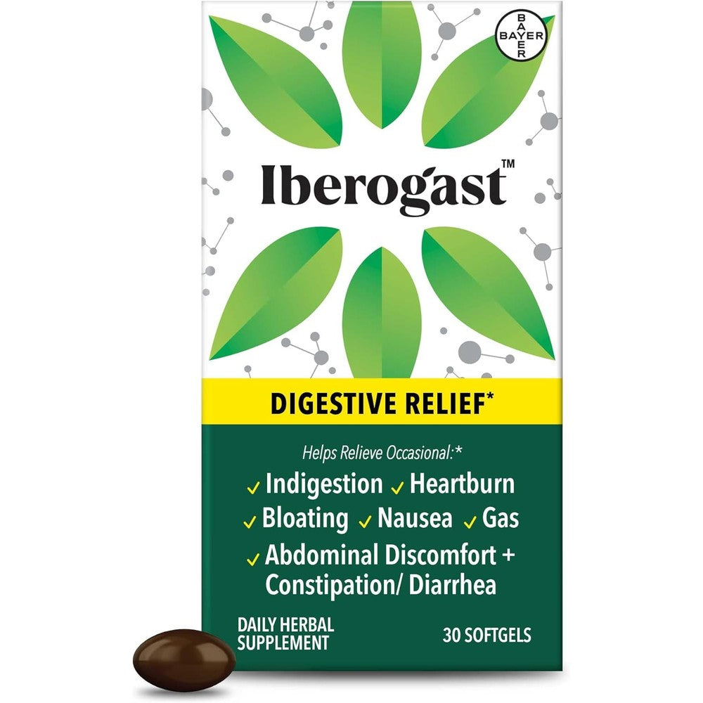 Iberogast Softgels 30 count front view packaging for herbal stomach relief