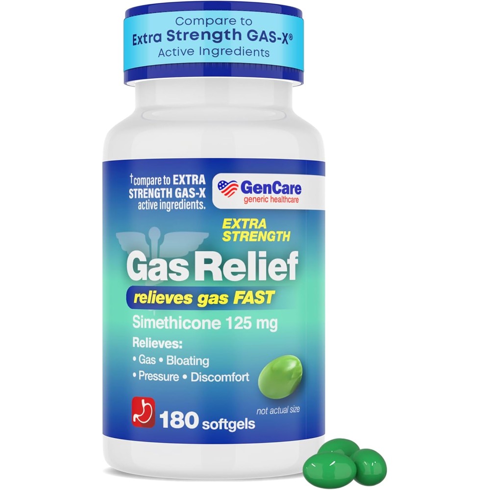 GenCare Extra Strength Gas Relief 180 softgels bottle front view for bloating remedy.
