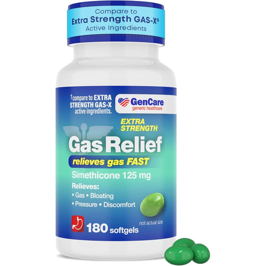GenCare Extra Strength Gas Relief 180 softgels bottle front view for bloating remedy.