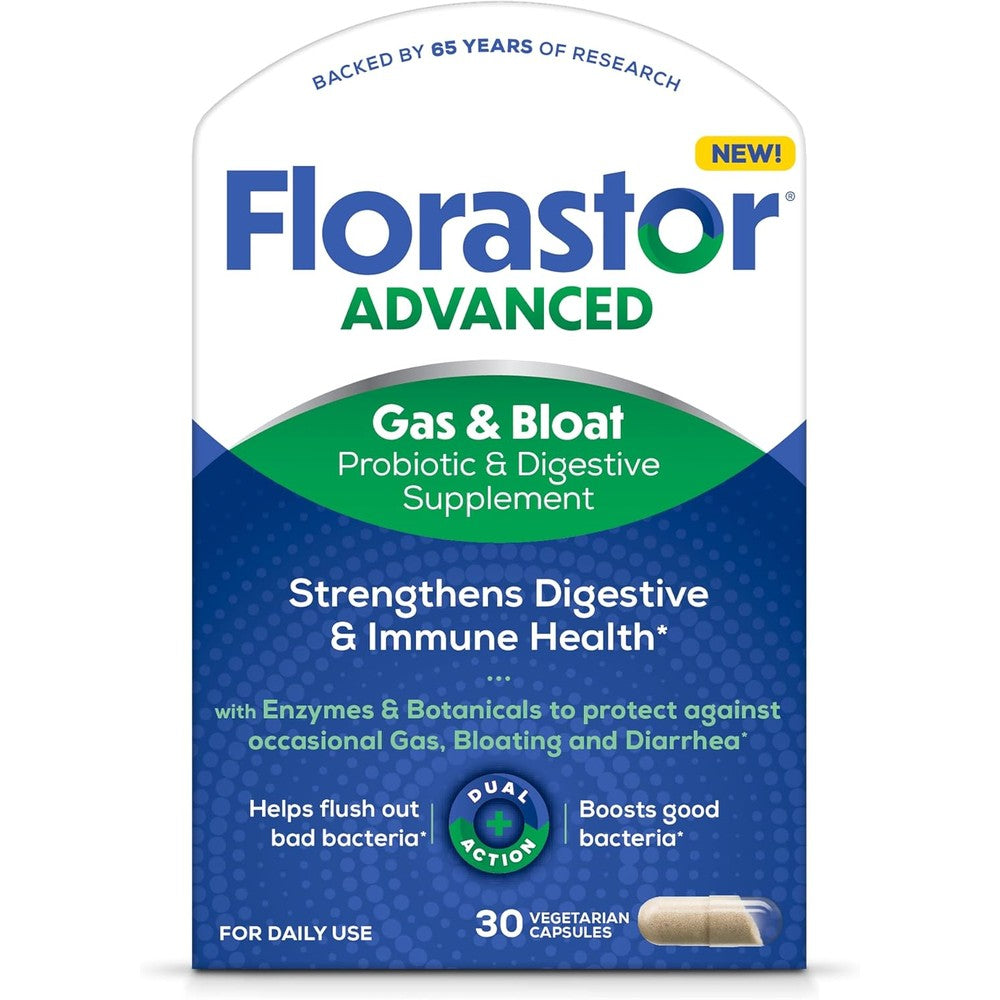 Florastor Advanced Gas and Bloat Probiotic 30 capsules front packaging view for bloating relief