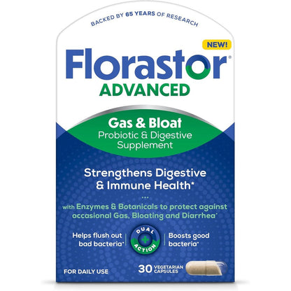 Florastor Advanced Gas and Bloat Probiotic 30 capsules front packaging view for bloating relief