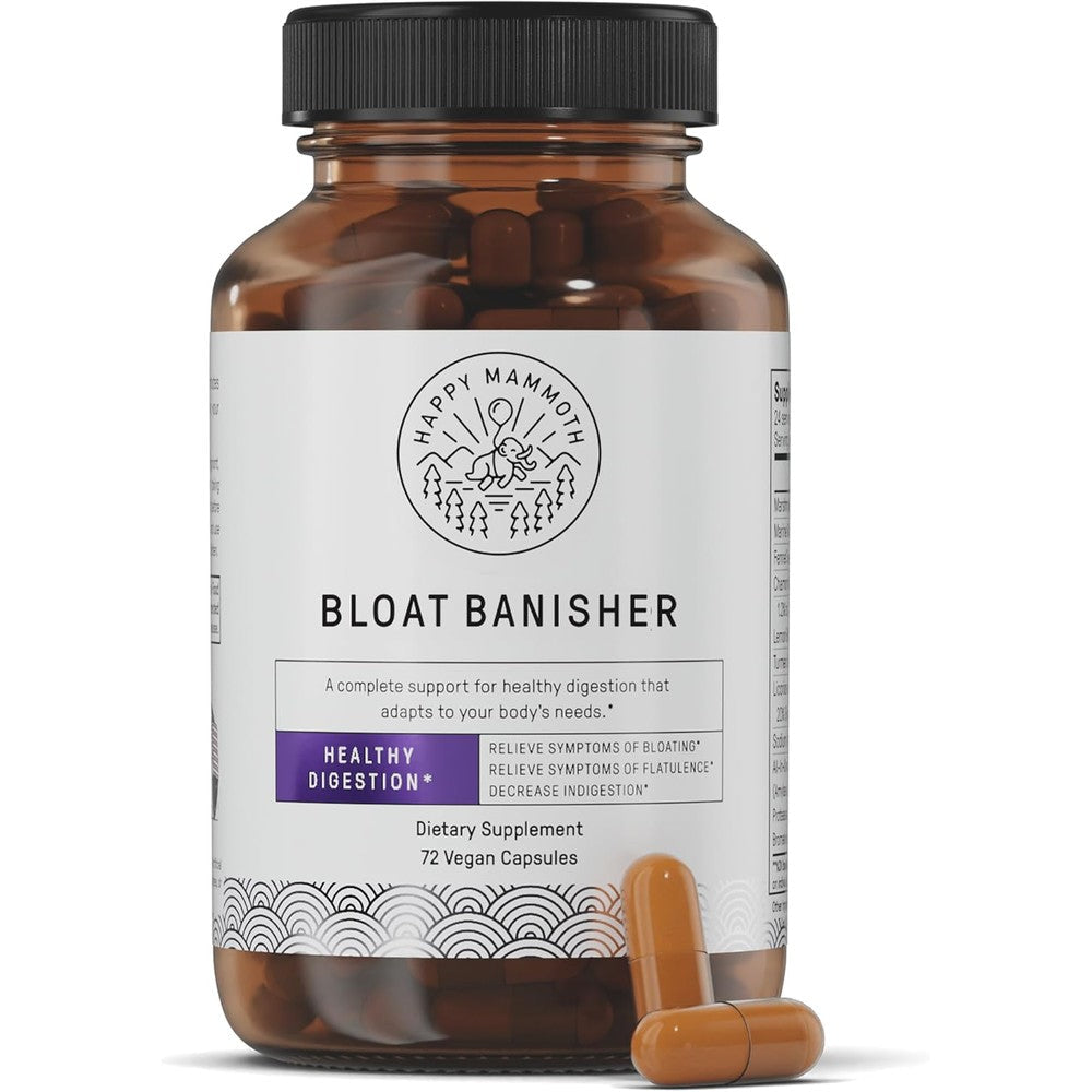 Happy Mammoth Bloat Banisher bottle front view natural digestive enzyme supplement for bloating relief