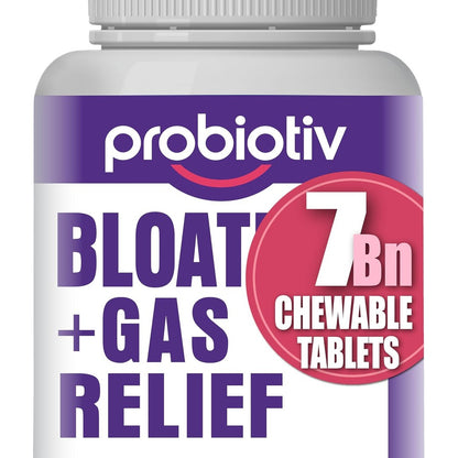 Probiotiv gas and bloating support chewable tablets front view packaging for gut health.