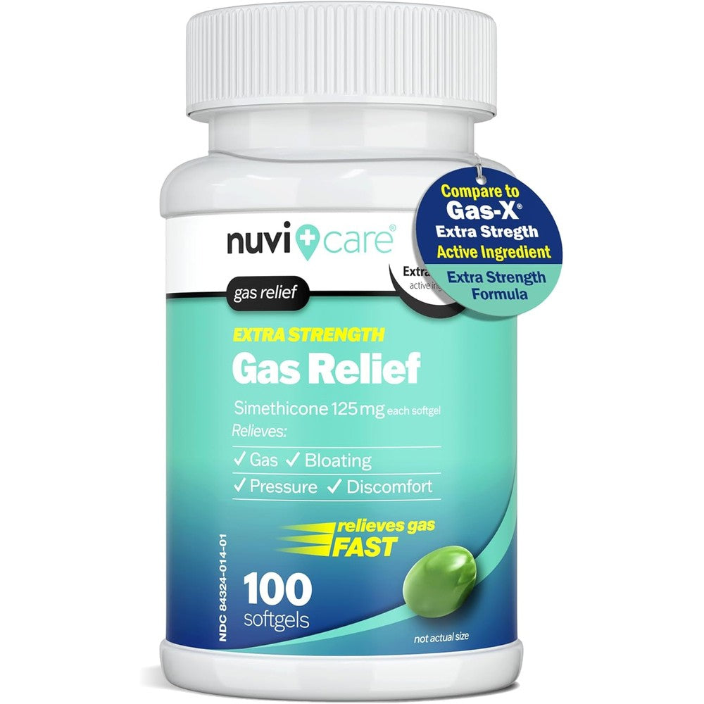 NUVICARE Extra Strength Gas Relief bottle front view showing 100 softgels.
