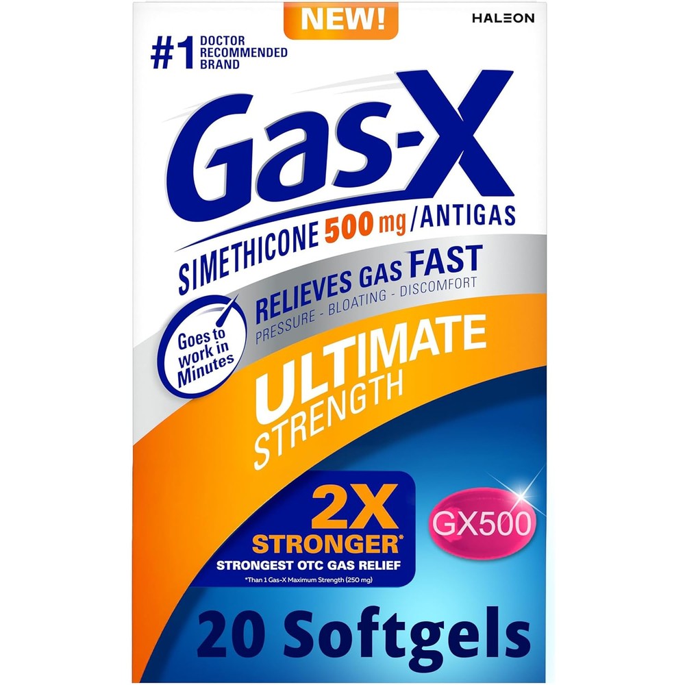 Gas-X Ultimate Strength 500mg softgels packaging front view for fast bloating relief