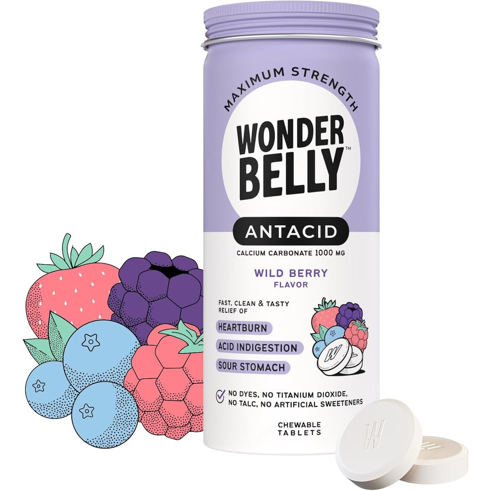 Wonderbelly Antacid Wild Berry 50 count front view packaging showing calcium carbonate strength.