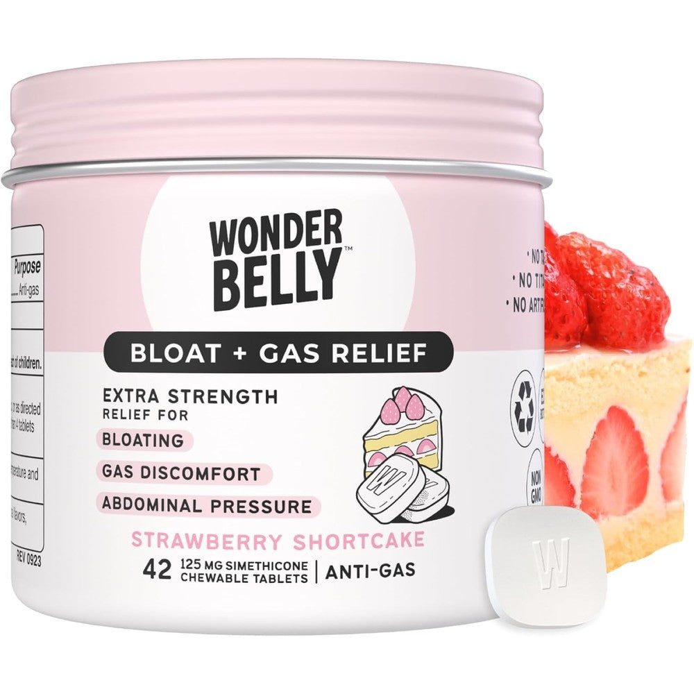 Wonderbelly Bloat And Gas Relief 42 count bottle front view for clean digestive health.