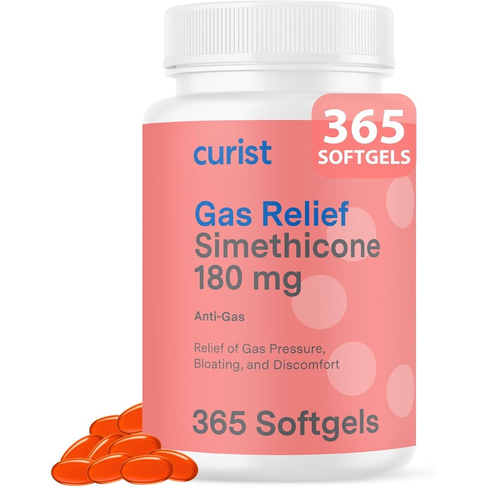 Curist Gas Relief Simethicone 180 mg Softgels front view bottle showing digestive care benefits