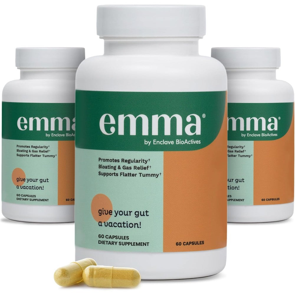 Emma Gut Health 3 Pack supplement bottles front view showing clean packaging for digestive wellness.