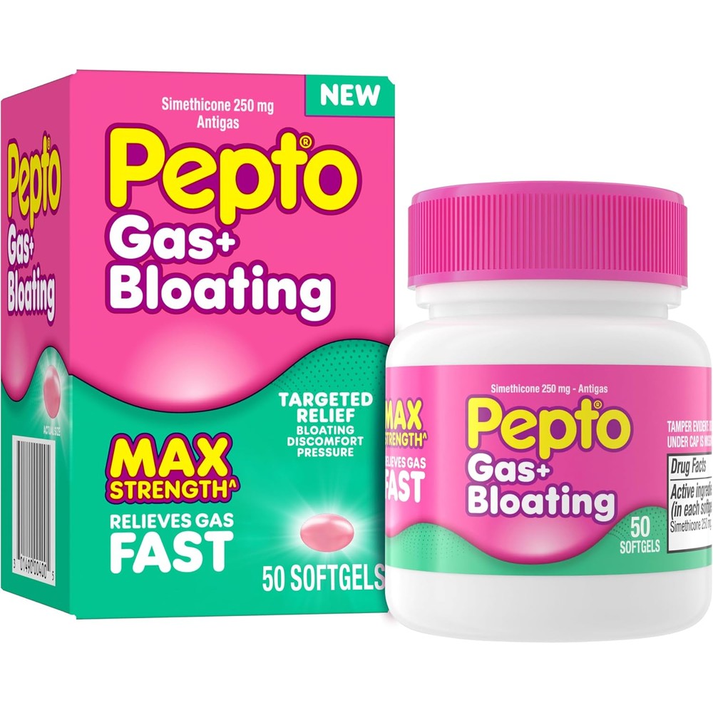 Pepto-Bismol Pepto Gas and Bloating 50 count bottle front view for maximum strength gas relief.