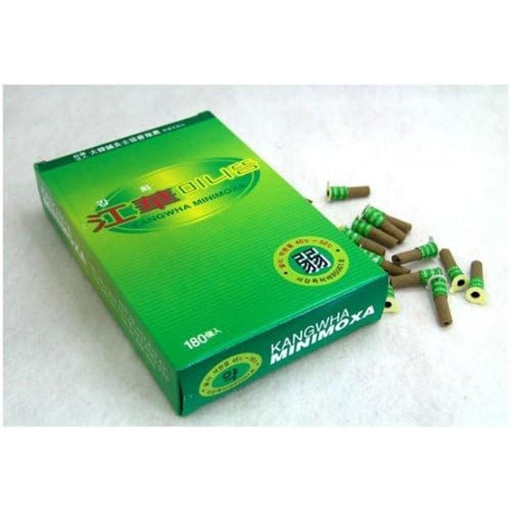 KS Kang Hwa Stick-On Mini Moxa Green 180 pieces box front view for moxibustion therapy.