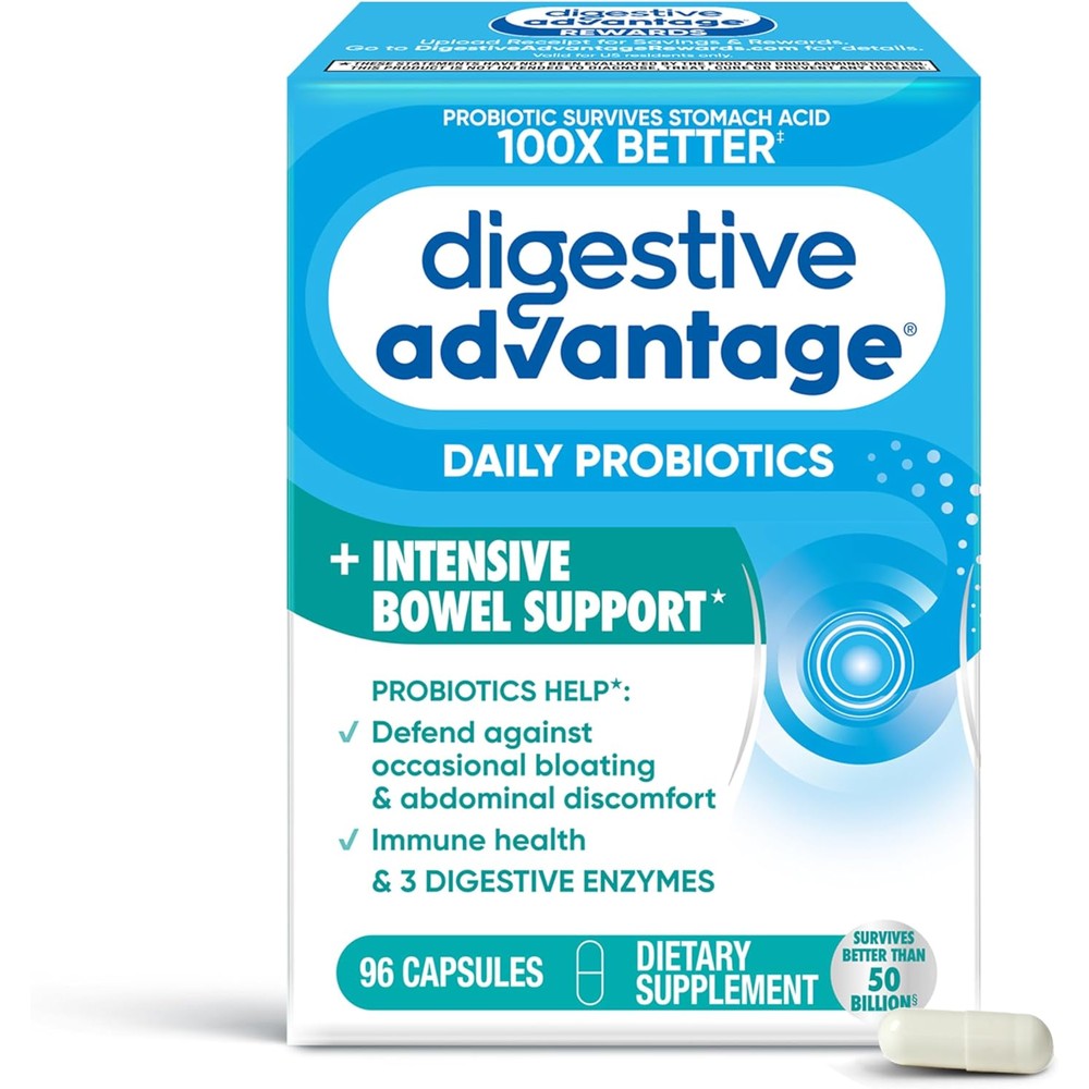 Digestive Advantage Intensive Bowel Support 96 Capsules front packaging showing daily probiotic benefits.