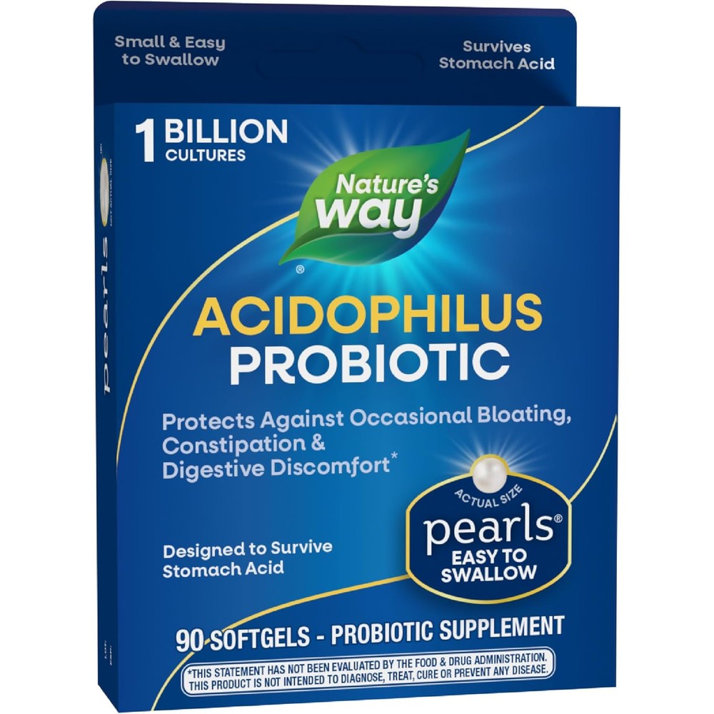 Nature's Way Acidophilus Probiotic Pearls 90 softgels front view showcasing packaging for daily digestive balance.