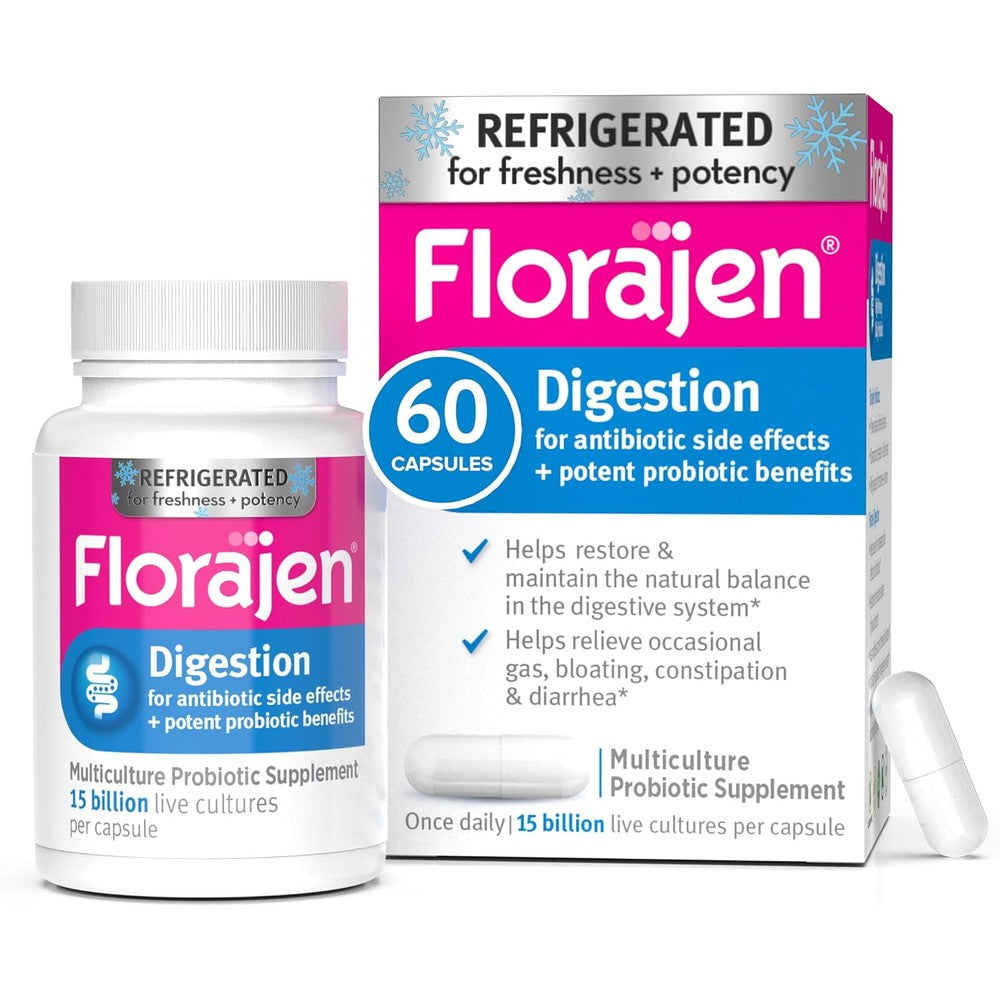 Florajen Florajen3 Digestion High Potency Probiotic 60 Capsules front view bottle for digestive balance.
