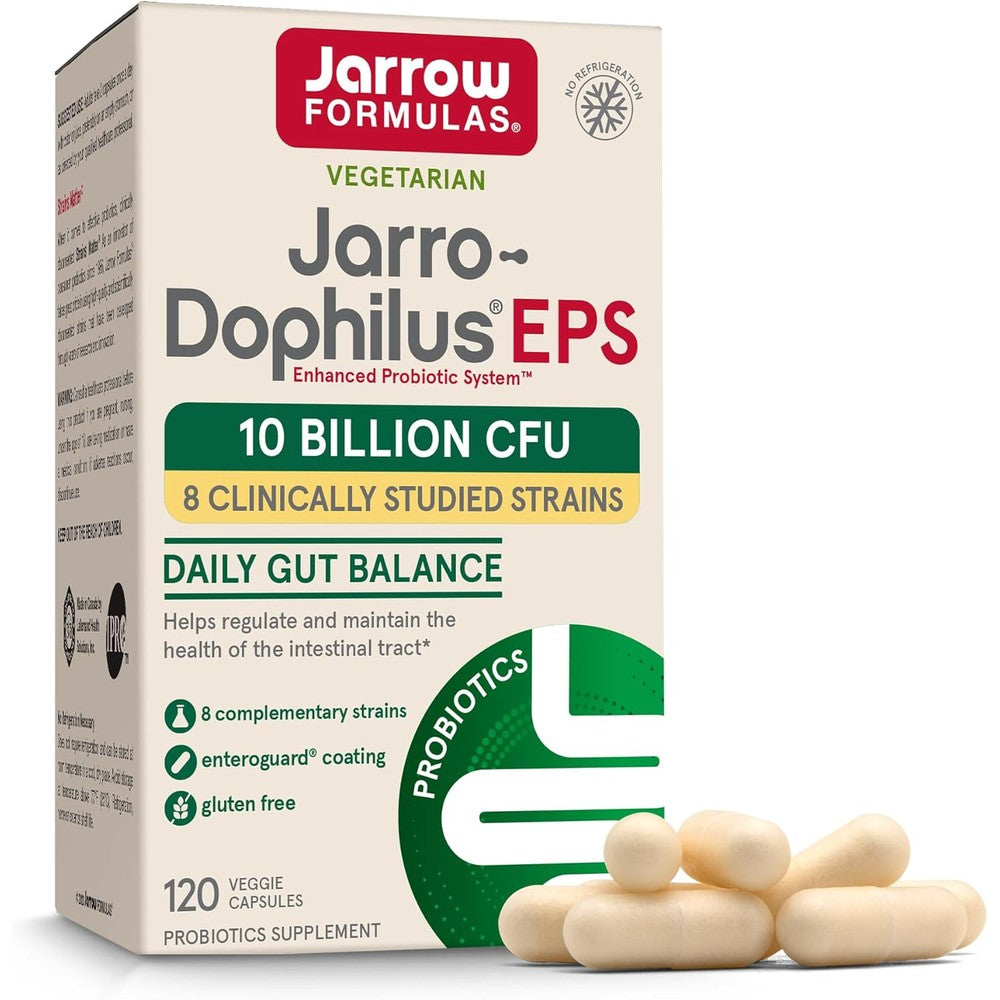 Jarrow Formulas Jarro-Dophilus EPS 10 Billion CFU bottle front view showing authentic imported daily probiotic supplement.