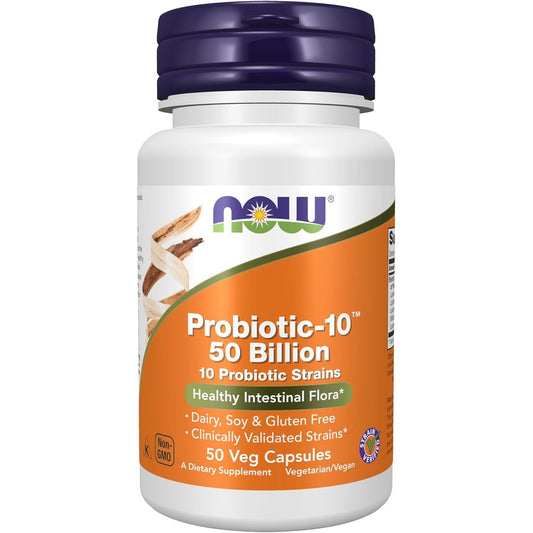 Now Foods Probiotic 10 50 Billion Fifty Vegetarian Capsules front bottle view for daily gut health.