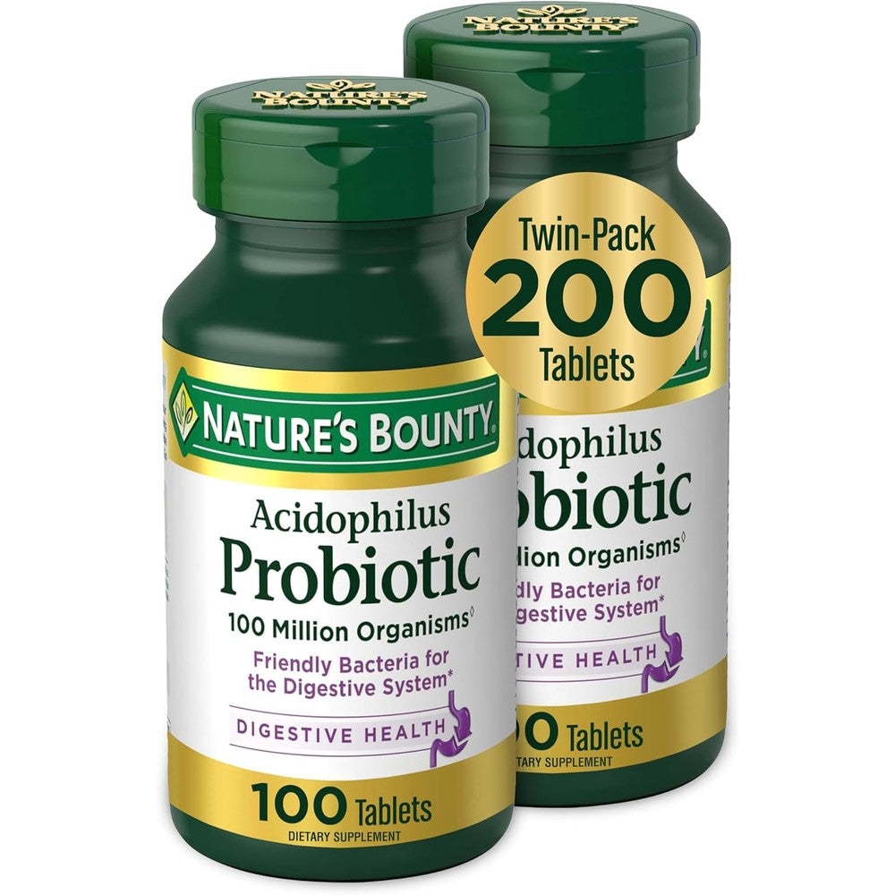 Nature's Bounty Acidophilus Probiotic 200 Tablets Twin Pack front view for digestive health support