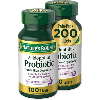 Nature's Bounty Acidophilus Probiotic 200 Tablets Twin Pack front view for digestive health support