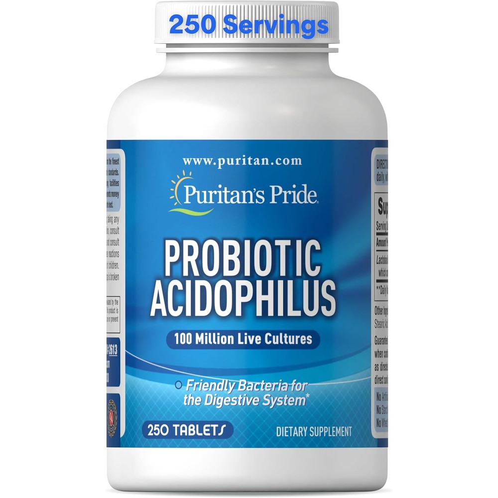 Puritan's Pride Daily Probiotic Acidophilus 250 Tablets front view bottle for digestive support