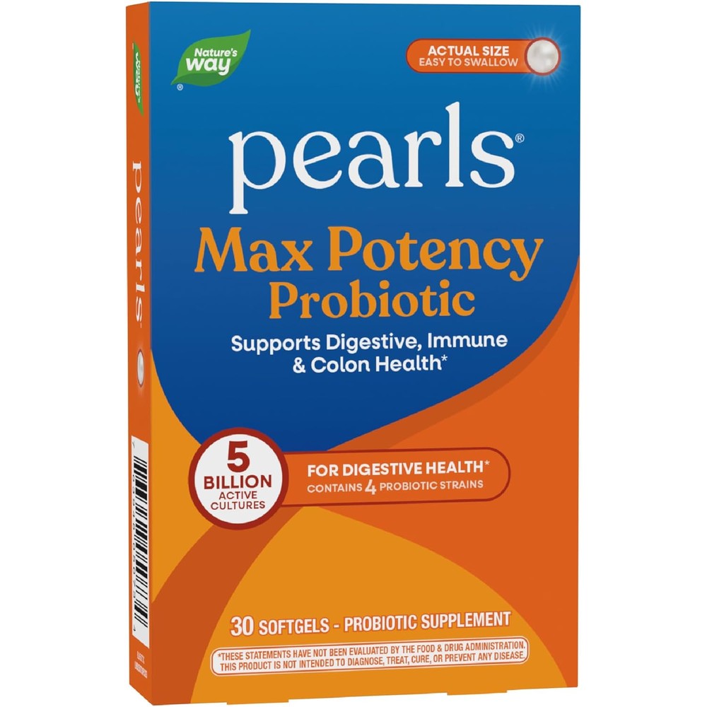 Nature's Way Pearls Max Potency Probiotic 30 softgels bottle front view for premium gut health.