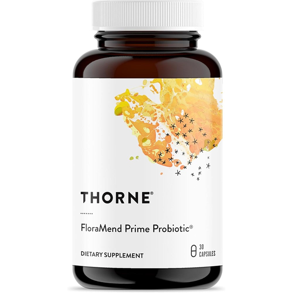 Thorne FloraMend Prime Probiotic front view showing the product bottle and label details.
