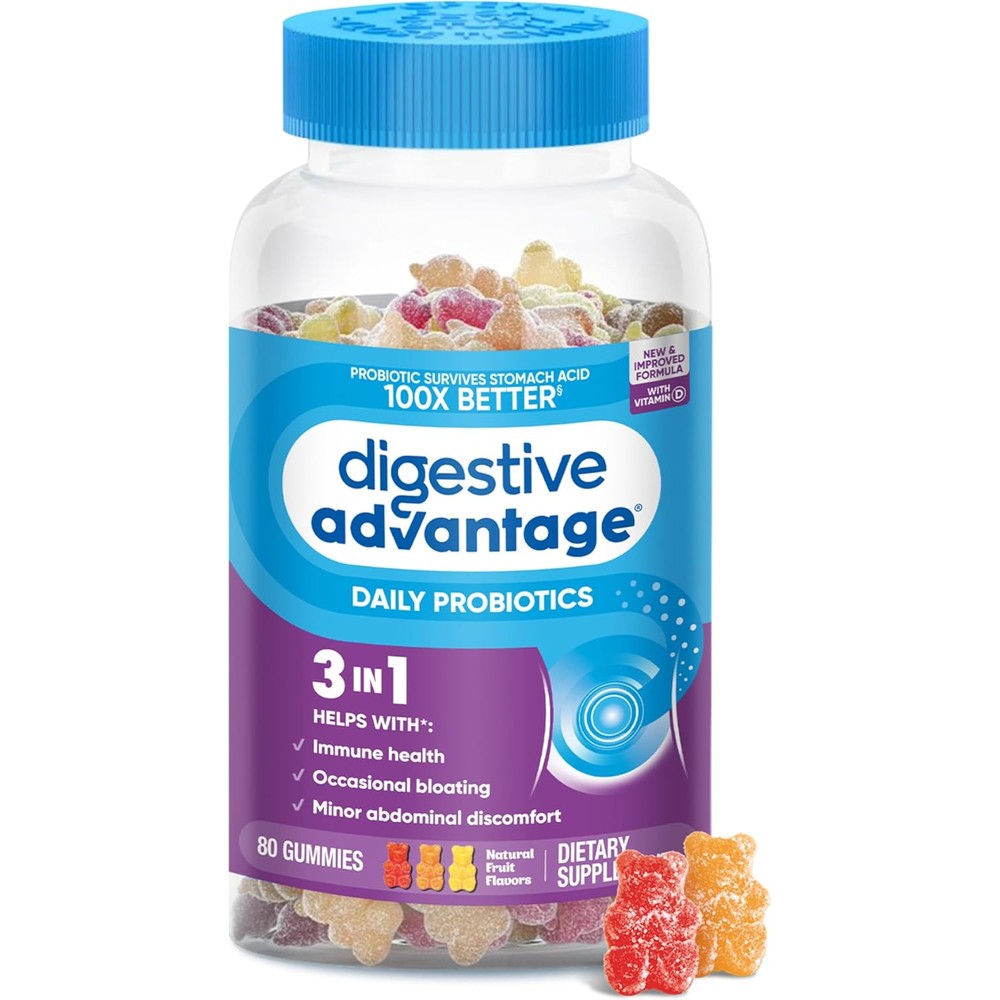 Digestive Advantage Daily Probiotic Gummies 80 count front view packaging for gut health support.