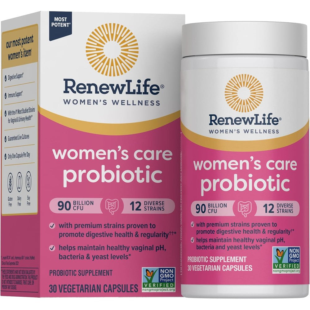 Renew Life Womens Probiotic thirty billion CFU capsules front view for vaginal health.