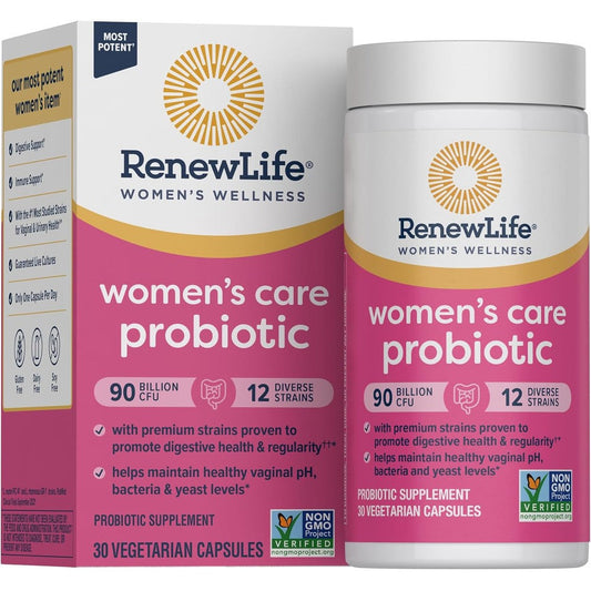 Renew Life Womens Probiotic thirty billion CFU capsules front view for vaginal health.