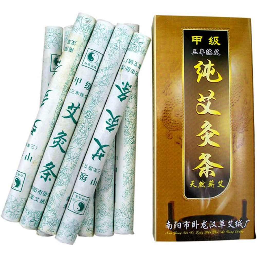 AMTOOCH Moxa Sticks box front view with aged mugwort rolls.
