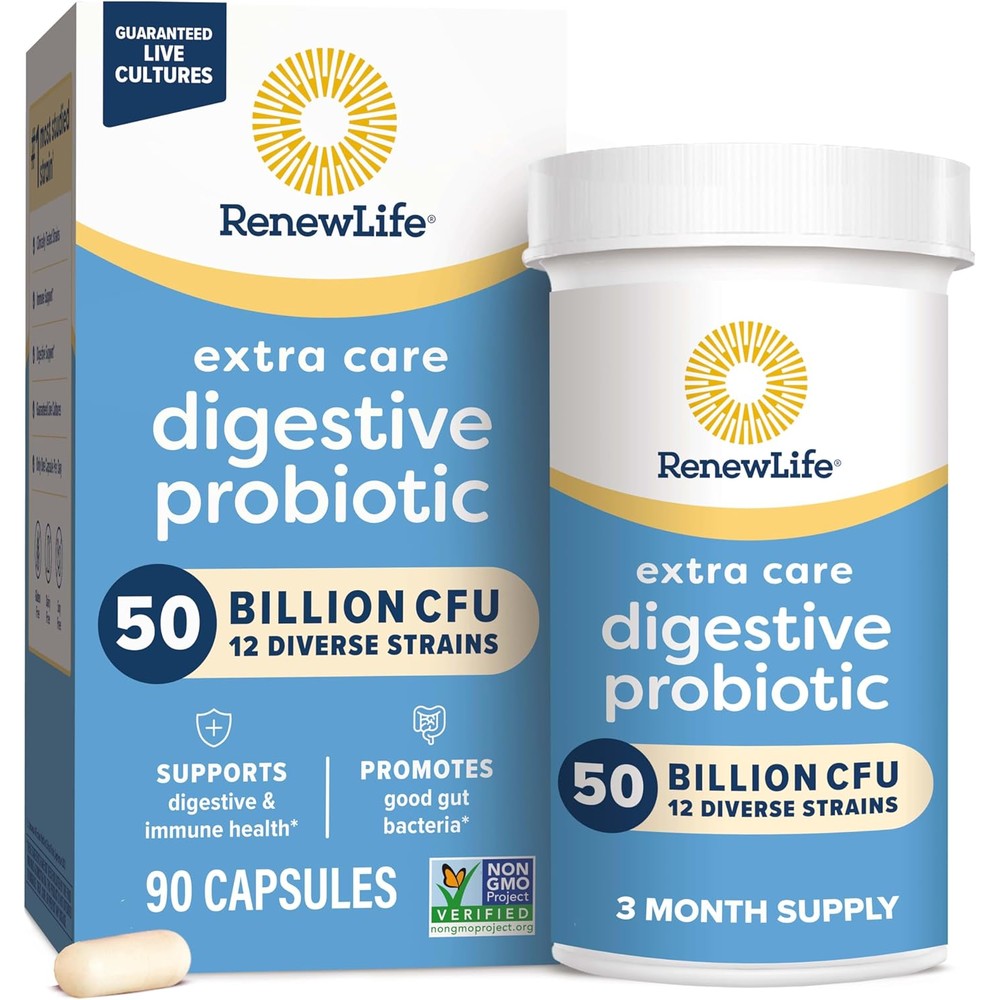 Renew Life Extra Care Probiotic 50 Billion ninety capsules front view pack for authentic gut health.