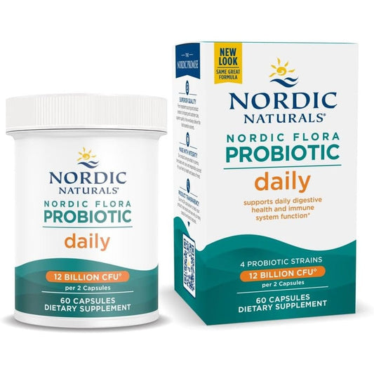 Nordic Naturals Nordic Flora Probiotic Daily 60 Capsules front view showcasing original packaging for authentic digestive health supplement.