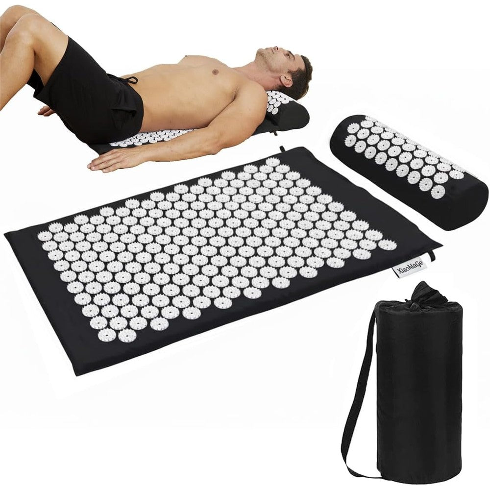 XiaoMaGe Acupressure Mat and Pillow Set front view with black massage spikes
