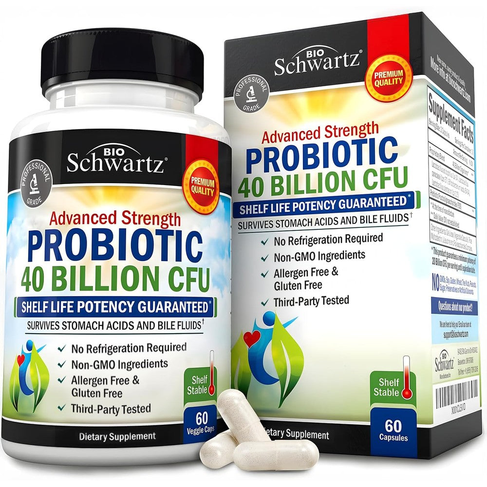 BioSchwartz Daily Probiotic 40 Billion CFU 60 Capsules front view bottle for digestive health balance.