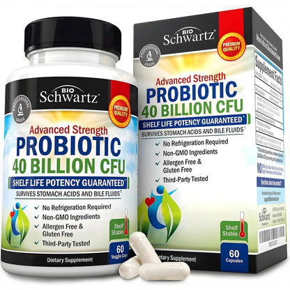 BioSchwartz Daily Probiotic 40 Billion CFU 60 Capsules front view bottle for digestive health balance.