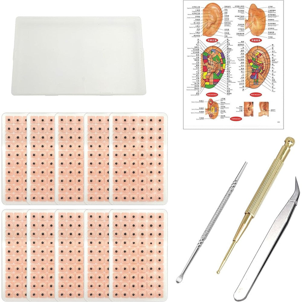 WOOPSOO Magnetic Acupressure Ear Seeds Kit front view with 1200 pieces and tools.