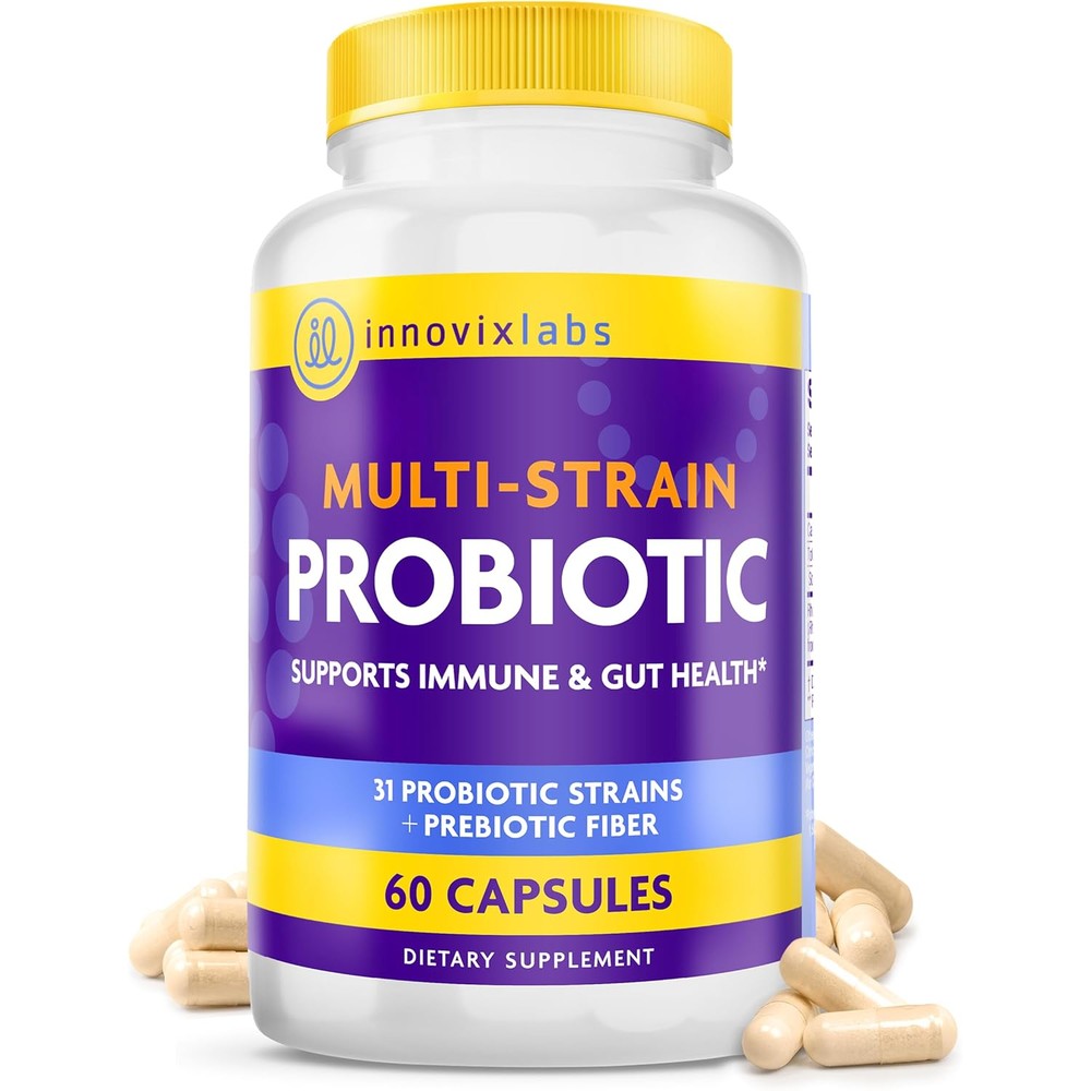 InnovixLabs Multi-Strain Probiotic bottle front view showing capsule count and CFU strength.