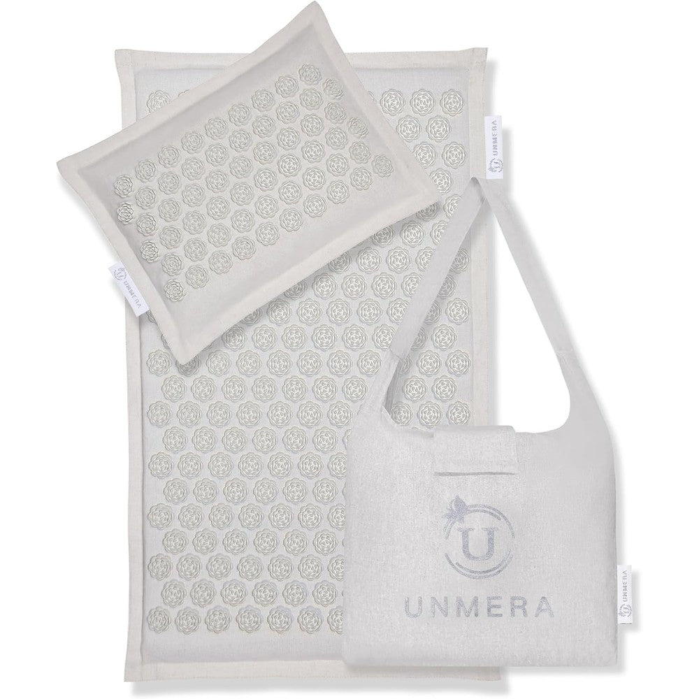 UNMERA Acupressure Mat and Pillow Set front view showing natural linen texture.
