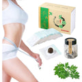 DAZZTIME Benjen Mugwort Belly Patch front view with packaging and herbal pills