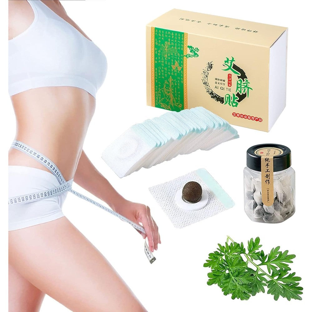 Benjen Mugwort Belly Patch front view featuring the product box and herbal pills.