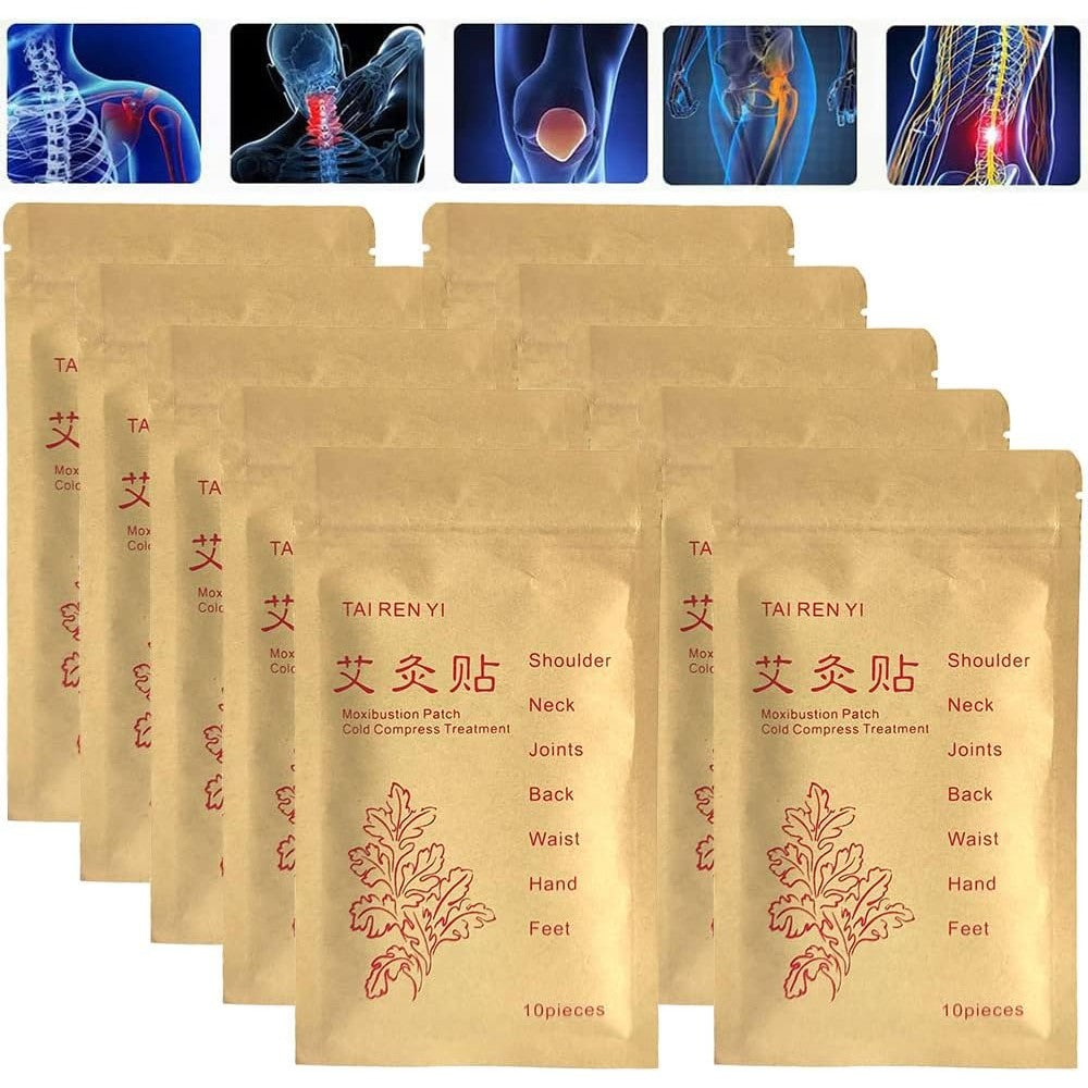 TAI REN YI moxibustion patches 100 count box front view for herbal pain relief.