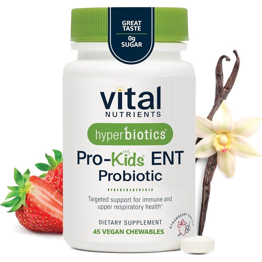 Hyperbiotics Vital Nutrients Pro Kids Probiotic ENT front view bottle showing 45 chewable tablets