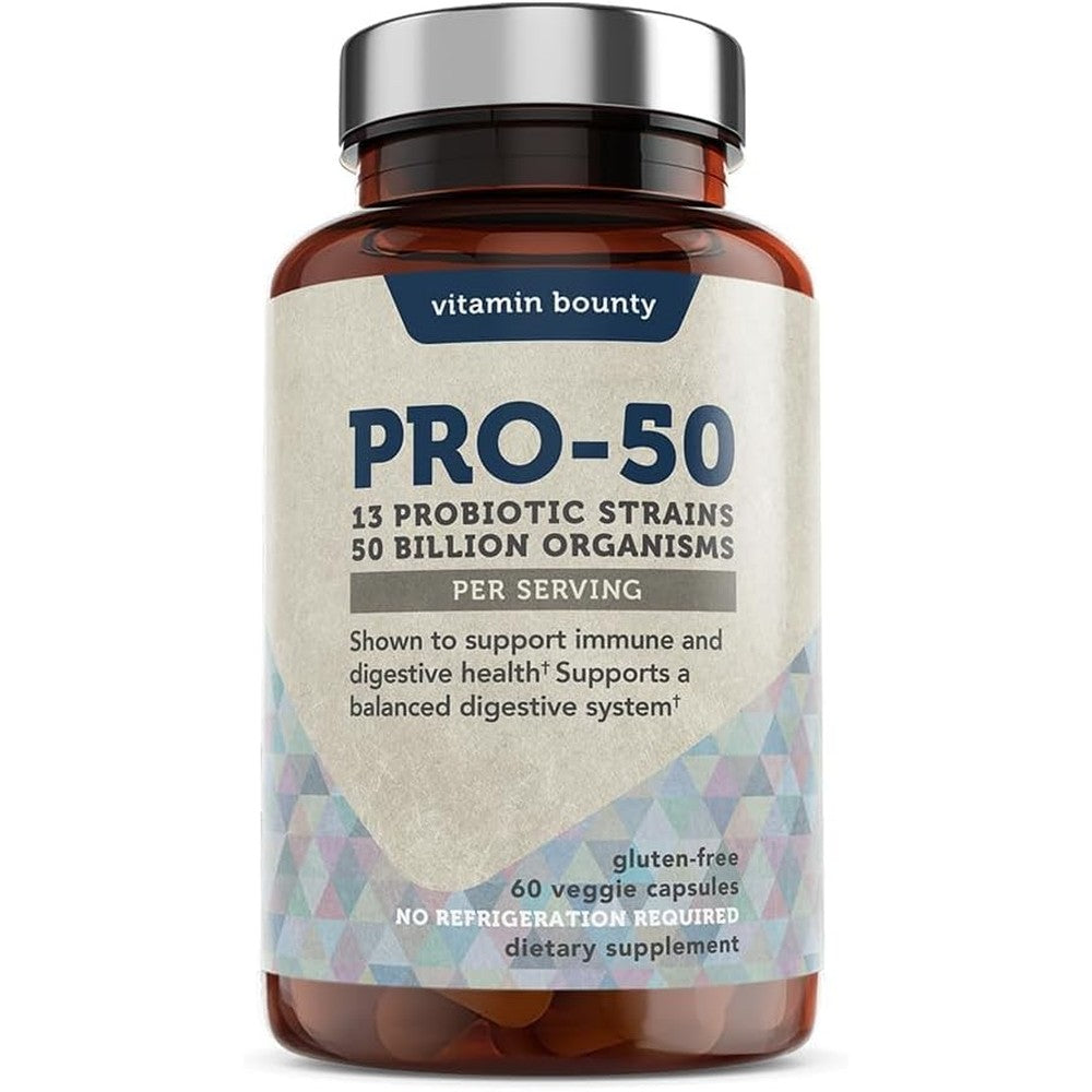Vitamin Bounty Pro-50 Probiotics 60 Capsules front view bottle for daily gut health support