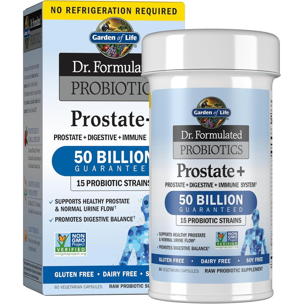 Garden of Life Dr. Formulated Probiotics Prostate Plus front view bottle for men's urinary health.