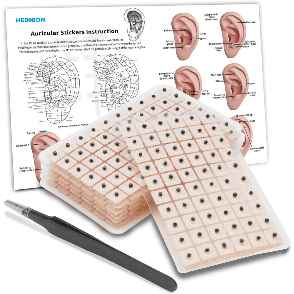 Hedigon Ear Seeds Auricular Sticker Kit front view showing 420 pieces and tweezers.
