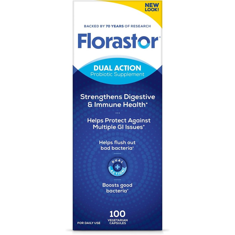 Florastor Dual Action Probiotics 100 Capsules front view showcasing packaging for daily gut health support