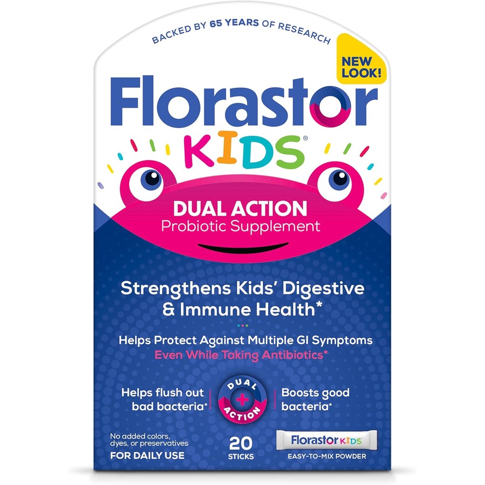 Florastor Kids Dual Action Probiotic Supplement front view packaging for child digestive health