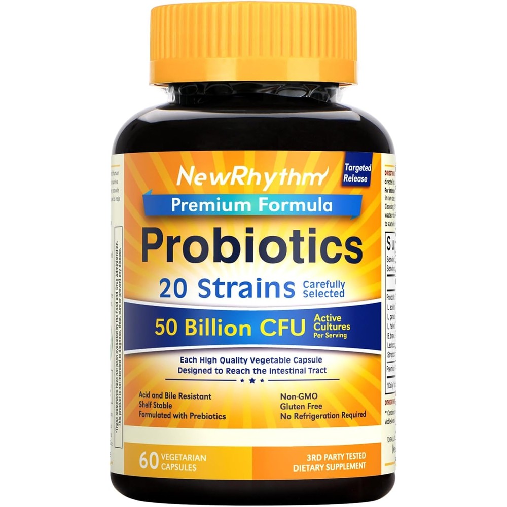 NewRhythm Probiotics fifty billion CFU sixty veggie capsules front view bottle showing premium digestive health supplement