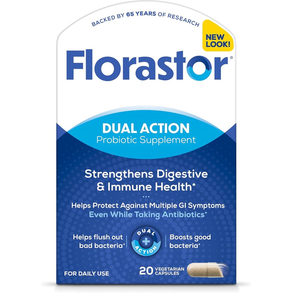 Florastor Dual Action Probiotics 20 Capsules front packaging view showing digestive and immune health supplement benefits.